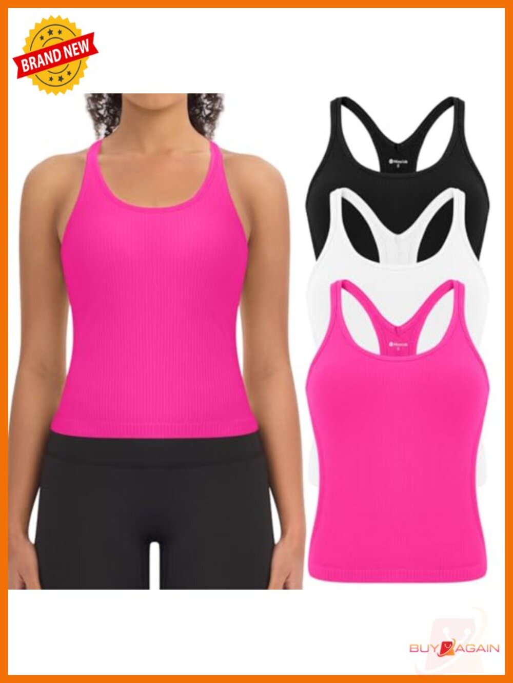 3 Pack Ribbed Seamless Racerback Crop Tank Tops with Built in Bra for Women